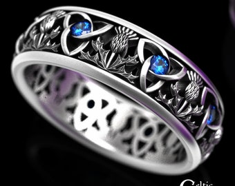 Classic Sapphire Celtic Ring, Scottish Sapphire Ring, Classic Thistle Ring, Scottish Wedding Band, Thistle Wedding Band, Scottish Ring, 1812