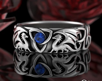 Sapphire Soulmate Dragons Ring, Sterling Womens Fantasy Dragon Wedding Band, Mother of Dragons Ring, D&D Ring, 925 Welsh Nordic Dragon, 3186