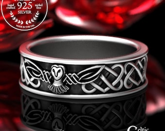 Sterling Silver Owl Wedding Band, Celtic Owl Ring, Heart Knot Wedding Band, Flying Barn Owl Jewelry, 925 Celtic Knotwork Ring, 1220