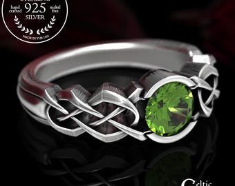 Silver Peridot Engagement Ring, Sterling Silver Celtic Engagement Ring, Peridot Wedding Ring, Celtic Knot Ring, Peridot Engagement Ring, 414