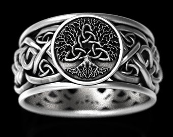 Celtic Tree of Life Ring, Trinity Knot Tree Ring, Mens Wedding Band, Celtic Wedding Ring, Tree of Life Silver Ring, Pagan Wedding 1692