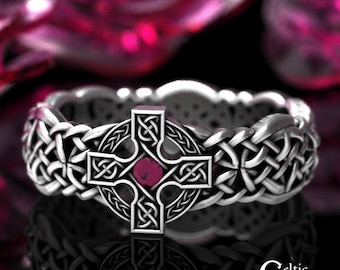 Mens Ruby Cross Ring, Sterling Cross Ring, Irish Cross Ring, Sterling Celtic Cross Wedding Band, Irish Cross Ring, Cross Wedding Ring, 1930