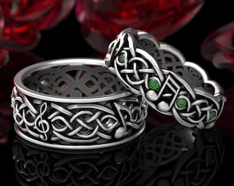 Emerald Musical Celtic Wedding Ring Set, Infinity Symbol Sterling Silver, Musical Wedding Ring, Music Note Ring, Music Ring 1714 1715