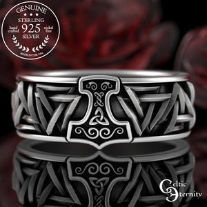 Viking Warrior Sterling Ring, Silver Hammer of Thor Wedding Band, Mens Norse Mythology Jewelry, Nordic Valknut Groom Wedding Ring, 3229