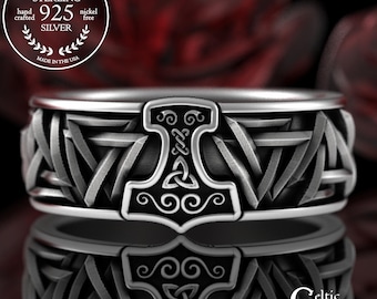 Viking Warrior Sterling Ring, Silver Hammer of Thor Wedding Band, Mens Norse Mythology Jewelry, Nordic Valknut Groom Wedding Ring, 3229