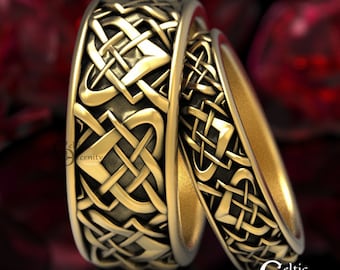 Celtic Wedding Ring Set, Heart Gold Wedding Bands, Matching Wedding Bands, Gold His & Hers Rings, Platinum Wedding Bands, 1456