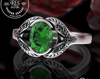 Womens Raven Engagement Ring, Emerald & Sterling Viking Solitaire Ring, Norse Oval Wedding Ring, Nordic Bridal Bird Statement Ring, 3144