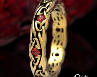 Ruby Wedding Ring in Gold, Delicate Wedding Band, Platinum Wedding Ring, Ruby Celtic Ring, Gold Wedding Band, Thin Wedding Ring, 1467
