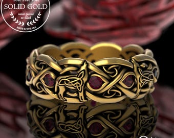 Ruby Wolf Wedding Ring, Gold or White Gold Celtic Wolf Ring, Wolf Wedding Band, Ruby Celtic Wedding Band, Infinity Wedding Ring, 1267