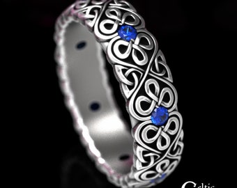 Classic Irish Wedding Band, Sterling & Sapphire Heart Ring, Knotwork Celtic Wedding Ring, Silver Trinity Sapphire Ring, Celtic Ring, 1828