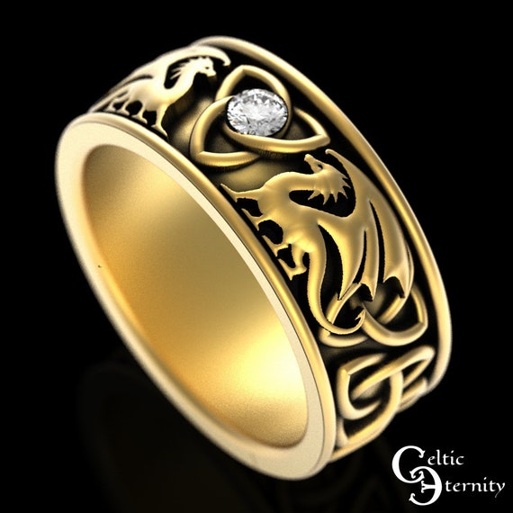 10K Gold Dragon Wedding Band, Moissanite Mens Wedding Ring,14k