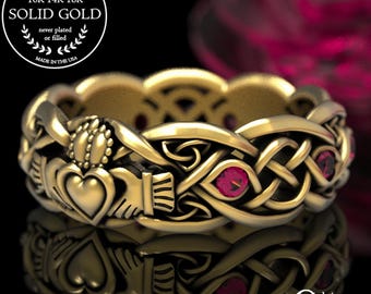 Gold Claddagh Ring with Rubies, Modern Claddagh Wedding Ring, Celtic Gold Wedding Band, Irish Love Ring, Platinum Claddagh Ring, 1684