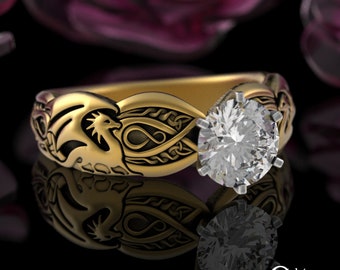10K Brides Dragon Engagement, Gold Mother of Dragons Solitaire Ring, 14K Bridal Viking Ring, Platinum Celtic Dragon Wedding Ring, 3185