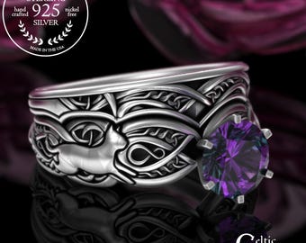 Alexandrite Cat Engagement & Fitted Accent Ring Set, Sterling Bridal Irish Kitten, Matching Solitaire Wedding Set, Bride Chevron, 3273 1971
