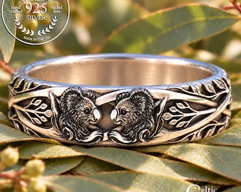 Woman's Sterling Koala Bear Wedding Ring, Botanical Leaves & Branches Ring, Silver Jungle Jewelry, 3363
