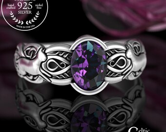 Alexandrite Oval Engagement Ring, Sterling Cat Alexandrite Solitaire, Silver Alexandrite Kitty Bridal Ring, Woman Bezel Marriage Ring, 3274