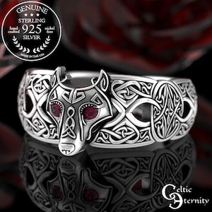 Ruby Celtic Wolf Ring, Ruby Wolf Ring, Sterling Wolf Ring, Wolf Wedding Ring, Ruby Viking Ring, Viking Wolf Ring, Mens Wolf Ring, 1744