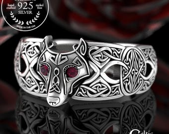 Ruby Celtic Wolf Ring, Ruby Wolf Ring, Sterling Wolf Ring, Wolf Wedding Ring, Ruby Viking Ring, Viking Wolf Ring, Mens Wolf Ring, 1744