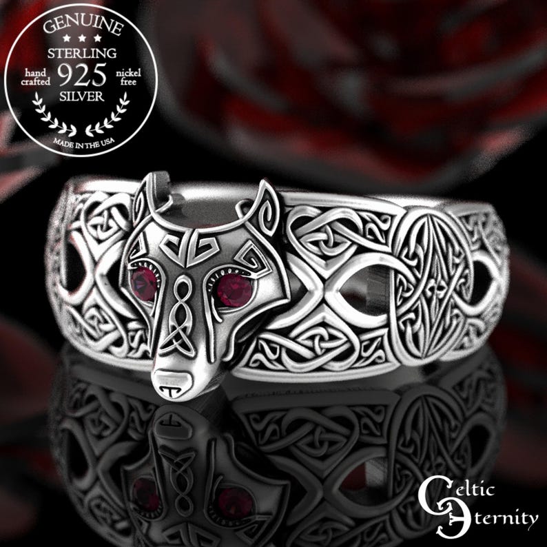 Ruby Celtic Wolf Ring, Ruby Wolf Ring, Sterling Wolf Ring, Wolf Wedding Ring, Ruby Viking Ring, Viking Wolf Ring, Mens Wolf Ring, 1744 image 1