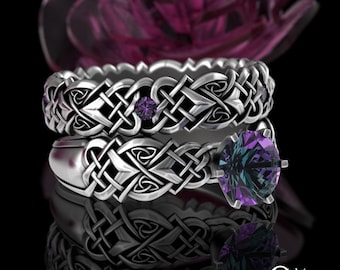 White Gold & Alexandrite Engagement Ring Set, Sterling Celtic Bridal Ring Set, Matching Alexandrite Solitaire Wedding Ring Set, 4014 4017