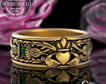 Emerald & Gold Thistle Highlands Ring, 14K Men's Celtic Heart Wedding Band, 18K Scottish Handfasting Ring, Groom's Irish Marriage Ring, 3282