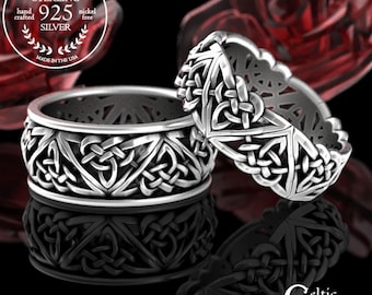 Matching Simple Celtic Wedding Set, Sterling Silver Knotwork Wedding Rings, Irish Silver Matching Ring Set, Scottish Wedding Band, 1105 9105