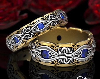 2-Tone Mushroom His Hers Rings, Sapphire Silver and Gold, Mushroom Wedding Bands, Gold Celtic Mushroom Rings, Matching Ring Set, 1737 1750