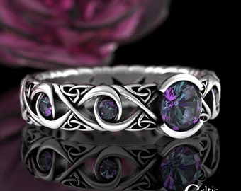 White Gold or Platinum Alexandrite Ring, Platinum Celtic Engagement Ring, 10K 14K White Gold Irish Wedding Ring, Platinum Infinity Ring,1741