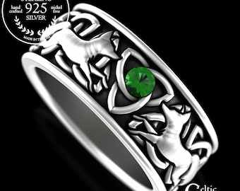 Men's Emerald Fox Lovers Ring, Sterling Twin Flame Foxes Wedding Ring, Sapphire & Silver Celtic Groom Marriage Band, Welsh Fox Ring, 3250