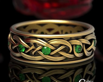 14K Emerald Gold Ring, 10K Celtic Wedding Ring, 10K Emerald Celtic Wedding Band, 10K Mens Celtic Wedding Band, Gold Irish Mens Ring, 1900