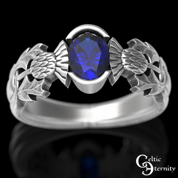 Sapphire Thistle Engagement Ring, Sterling Thistle Ring, Scottish Solitaire Ring, Thistle Engagement Ring, Scottish Engagement Ring, 1777