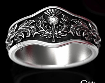 Scottish Thistle Ring, Sterling Silver Thistle Ring, Moissanite Ring, Scottish Wedding Ring, Thistle Flower Ring, Celtic Wedding Band, 1765