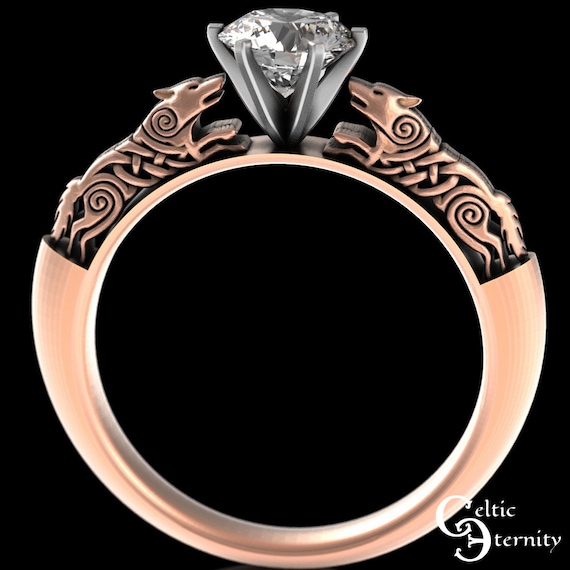 Rose Gold Engagement Ring, Moissanite Rose Gold Wedding Ring, Wolf Rose Gold Ring, Rose Gold Celtic Ring, Rose Gold Solitaire Ring, 1801