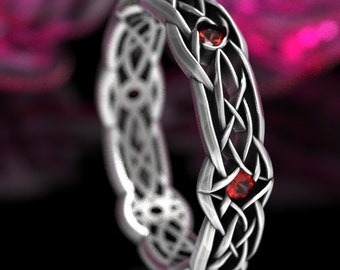 Celtic Knot Silver Ring with Rubies, Infinity Knot Wedding Band, Unique Silver Wedding Ring, Eternity Knot Ring, Irish Wedding Band 1416