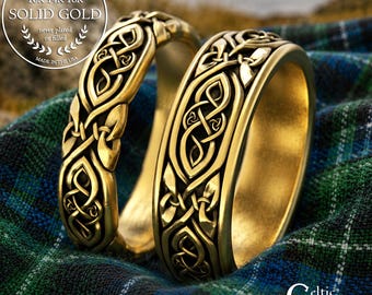 Gold Bride & Groom Celtic Infinity Ring Set, 14K White Gold Matching Irish Wedding Bands, Scottish Gold Anniversary Rings, 2005 2006