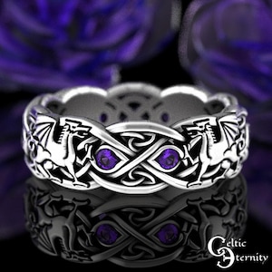 Sterling Double Dragon Ring with Amethyst, Purple Wyvern Ring, Silver Winged Dragon Ring, Celtic Dragons Wedding Band, Lady Dragon Ring,3016