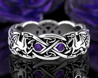 Sterling Double Dragon Ring with Amethyst, Purple Wyvern Ring, Silver Winged Dragon Ring, Celtic Dragons Wedding Band, Lady Dragon Ring,3016