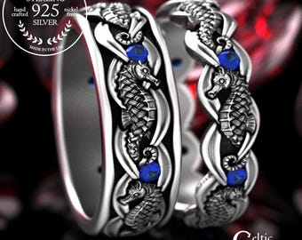 Sterling Matching Ocean Seahorse Wedding Ring Set, His Hers Sapphire Rings, Sea Creature Jewelry, 2104 2105