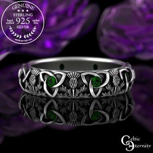 Womens Emerald Irish Thistle Ring, Sterling Silver Thistle Wedding Band, Scottish Emerald Knotwork Ring, Womens Celtic Emerald Ring, 4813