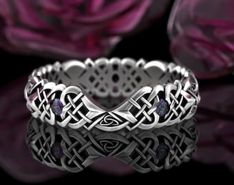 Alexandrite Bridal Stacking Ring, Sterling Fitted Celtic Wedding Band, Silver Irish Notched Wedding Ring, Womens Heart Knotwork, 3018