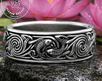 Sterling Men's Koi Fish Ring, Silver Pisces Wedding Band, Man Astrology Ring, Water Sign Jewelry, 2102