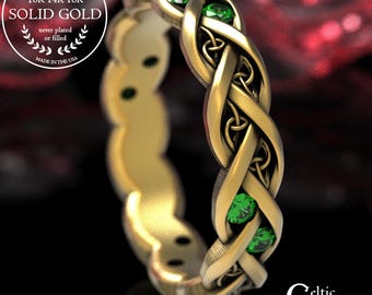 Gold & Emerald Celtic Wedding Band,  10K 14K 18K Platinum Infinity Weave Ring, Modern Handfasting Band, Infinity Braided Eternity Ring, 1418