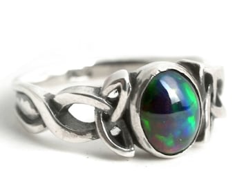 Opal Engagement Ring, Sterling Silver Celtic Opal Ring, Silver Celtic Opal Ring, Black Opal Engagement Ring, Black Opal Wedding Ring, 1131