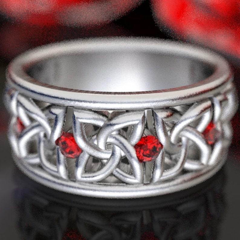 Made in Your Size CR-1010 platinum or palladium 10K 14K 18K Celtic Wedding Ring with Rubies in 4 Petal Flower Dara Knot Design Sterling