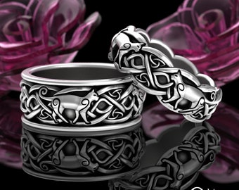 Matching Cat Wedding Bands, Sterling His Hers Cat Lover Rings, Celtic Matching Wedding Rings, Feline Cat Ring, Irish Knot Ring, 3098 3096