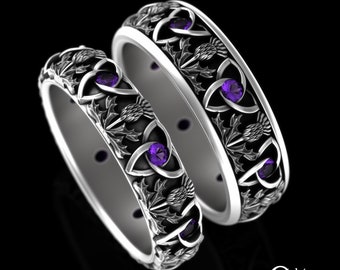 Thistle Wedding Rings, Sterling Amethyst Celtic Thistle Set, His Hers Wedding Bands, Scottish Thistle Rings, Irish Handfasting, 4814 4813