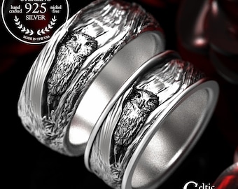 Owl Ring Set, Owl Wedding Bands, Tree Bark Wedding Rings, His & Hers Owl Rings, Matching Ring Set, Mens Owl Ring, Womens Owl Band 1792 1794