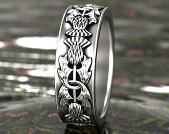 Sterling Silver Scottish Thistle Ring, Silver Highland Bloom Wedding Ring, Irish Guardian Flower Handfasting Ring, Sacred Union Ring, 1770