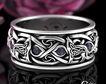 Mens Alexandrite Wolf Ring, Sterling Alexandrite Celtic Wedding Band, Mens Silver Wedding Ring, Viking Wolves Wedding Ring, Mens Ring, 1269