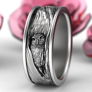 Anello nuziale a forma di gufo in argento sterling, fede nuziale a forma di gufo, anelli nuziali con corteccia d'albero, anello nuziale ispirato alla natura, anello nuziale con gufo su un albero 1794